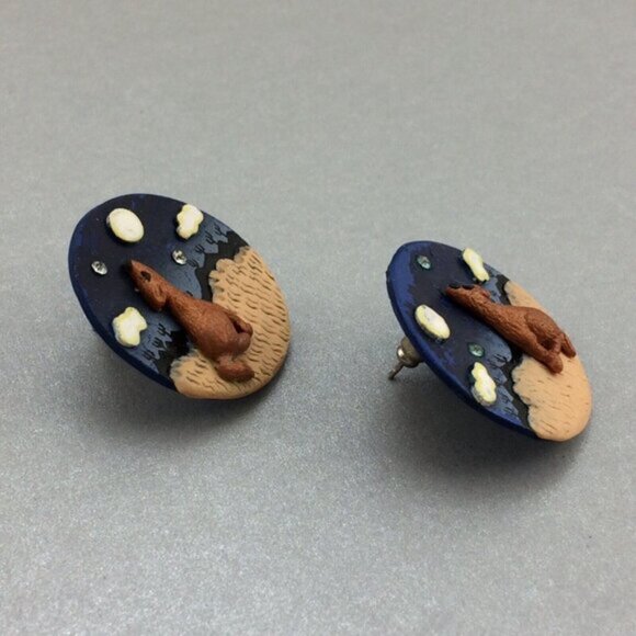 Handmade Coyote Howling at Desert Moon Polymer Clay Earrings Southwest Boho - Picture 8 of 16